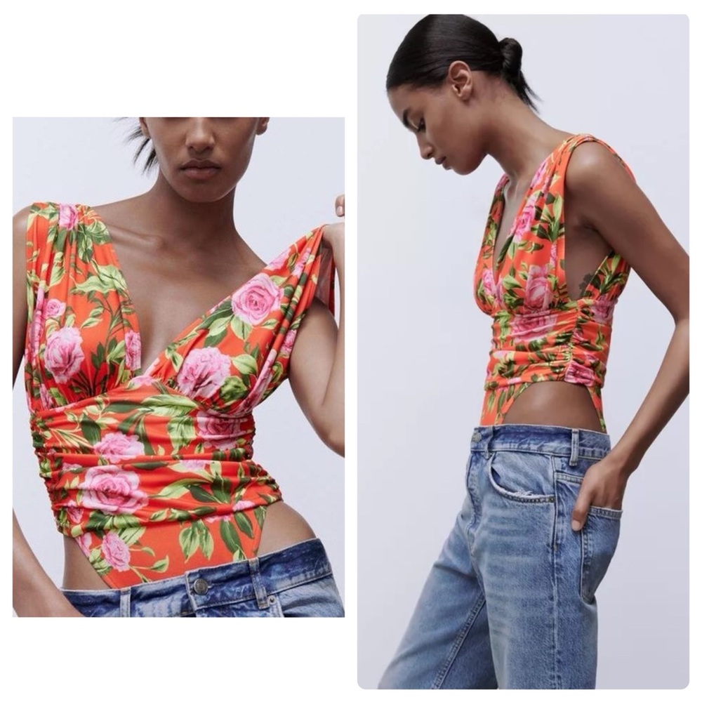 NWT Zara Floral Print Deep V High Leg Draped Sleeveless Bodysuit Small